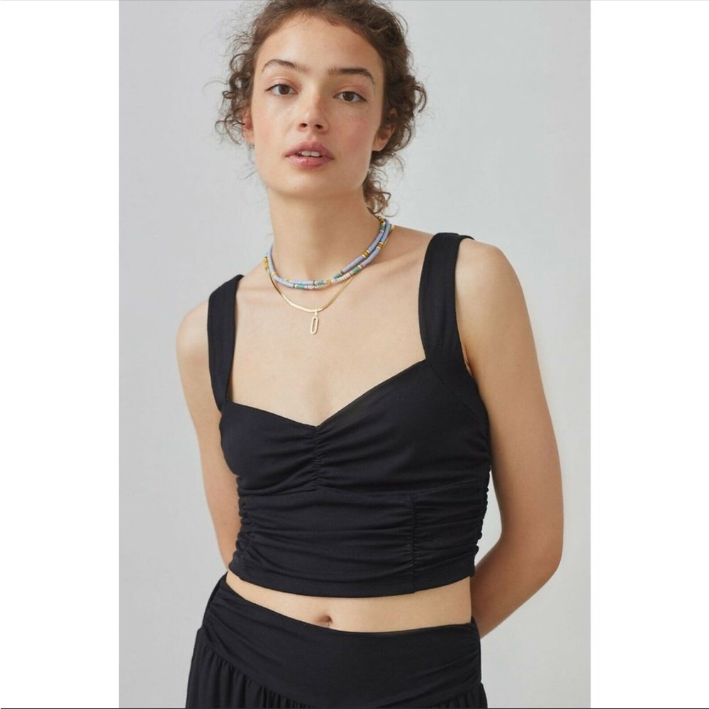 Anthropologie Maeve Black Cropped Tank Sweetheart Neckline Size XL Rouching